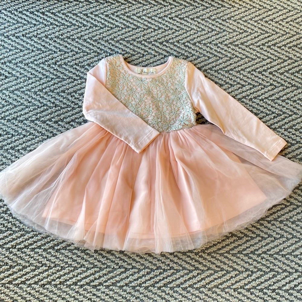 Little girls pink dress with gold lace flowers